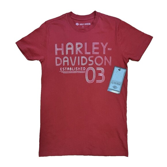 HARLEY-DAVIDSON Established '03 Red Graphic Slim Fit Tee T-Shirt Garage S NWT - Picture 1 of 5